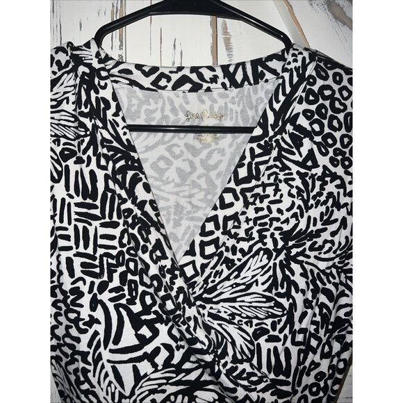 Lilly Pulitzer Wrap Top Black White Floral Retro V Neck Sz XSmall Blouse NWOT - Picture 5 of 10